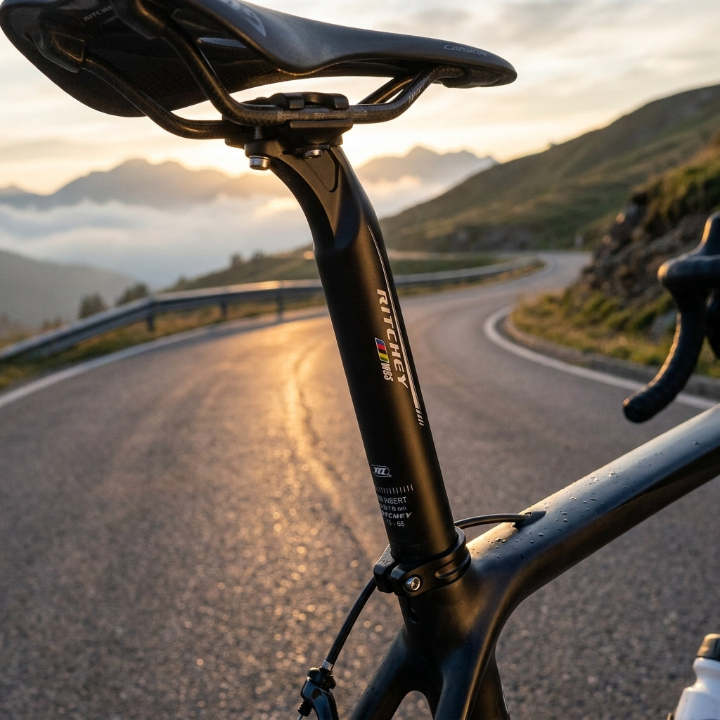 Ritchey WCS Link Sattelstütze schwarz am Rennrad auf kurviger Bergstraße bei Sonnenuntergang.