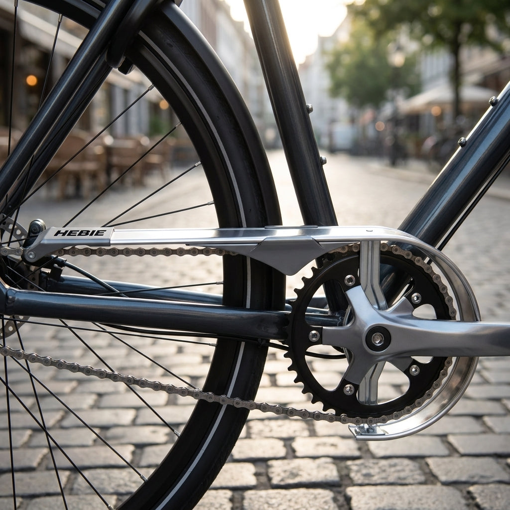 Hebie Kettenschutz Chainbar 1flügelig silber poliert am Fahrrad auf Kopfsteinpflaster montiert.