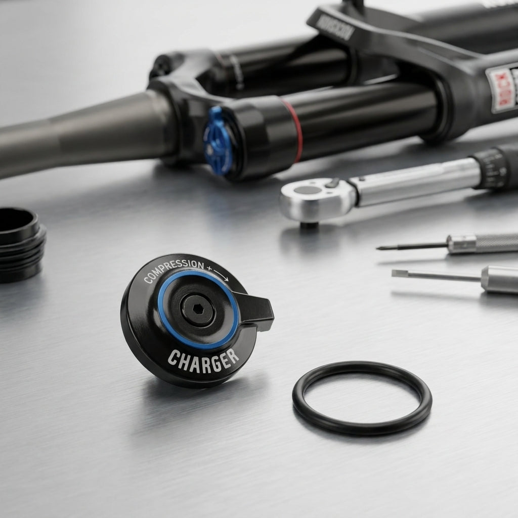 RockShox Charger Kompressionsdämpfer Einstellknopf für SID Federgabel. Schwarzer Knopf, Werkzeug und O-Ring auf Metall.