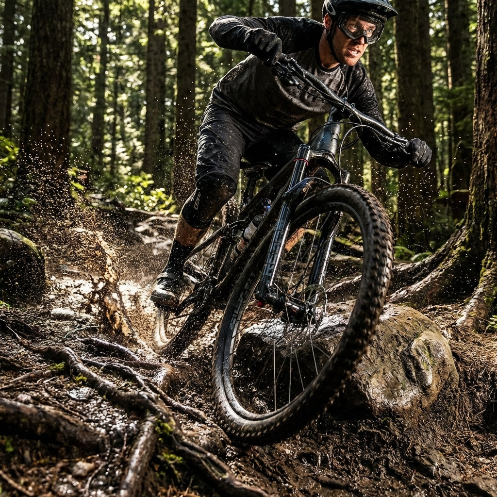 RockShox Reba RL Federgabel am Mountainbike in Action auf schlammigem Waldtrail mit Spritzern.