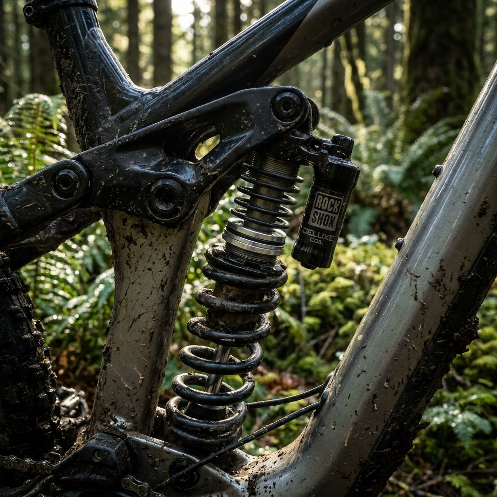 ROCKSHOX Deluxe Coil B1 Hinterraddämpfer an schlammigem Mountainbike im Wald.