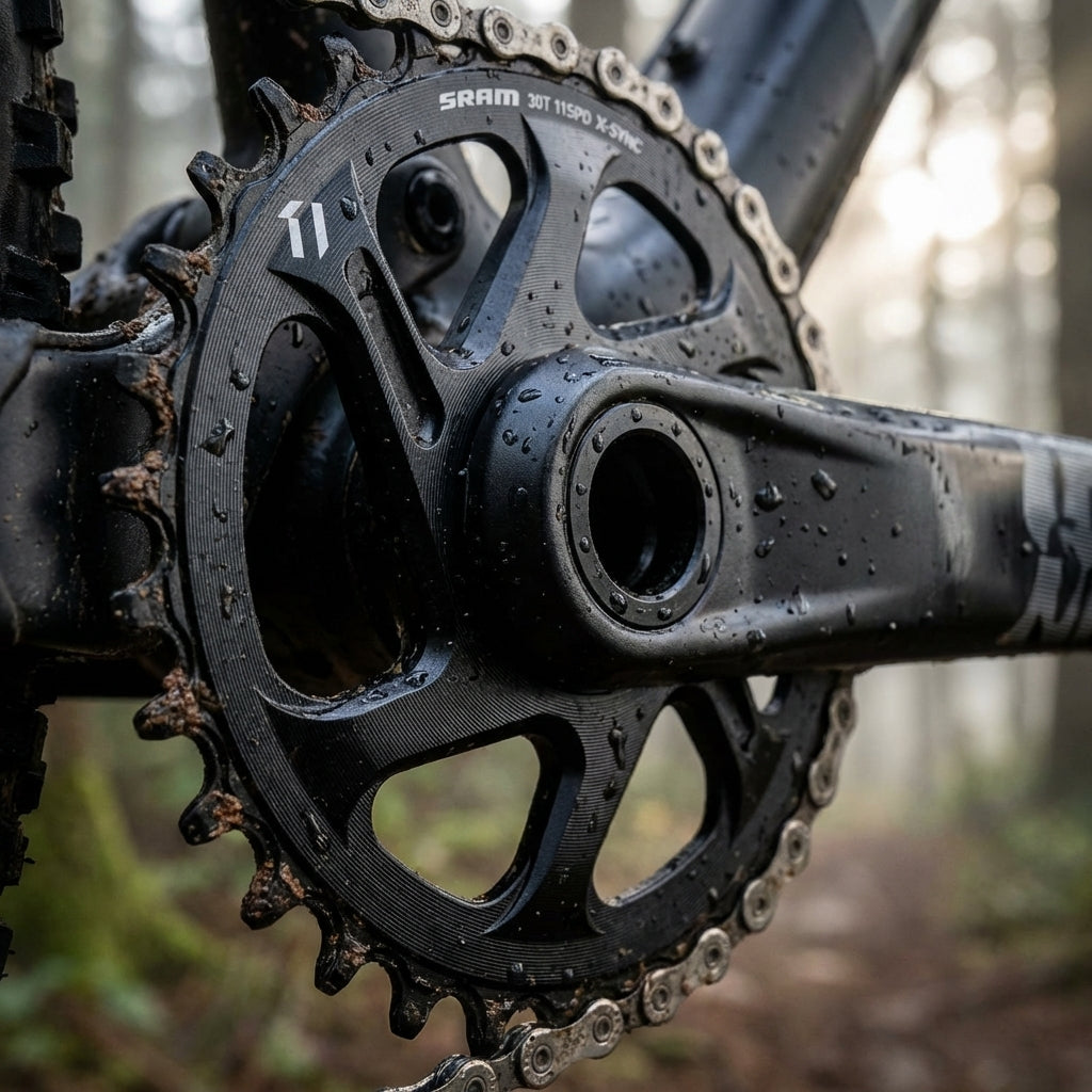 SRAM Kettenblatt MTB X-Sync 1x11, 30 Zähne, nass und schmutzig auf Mountainbike.