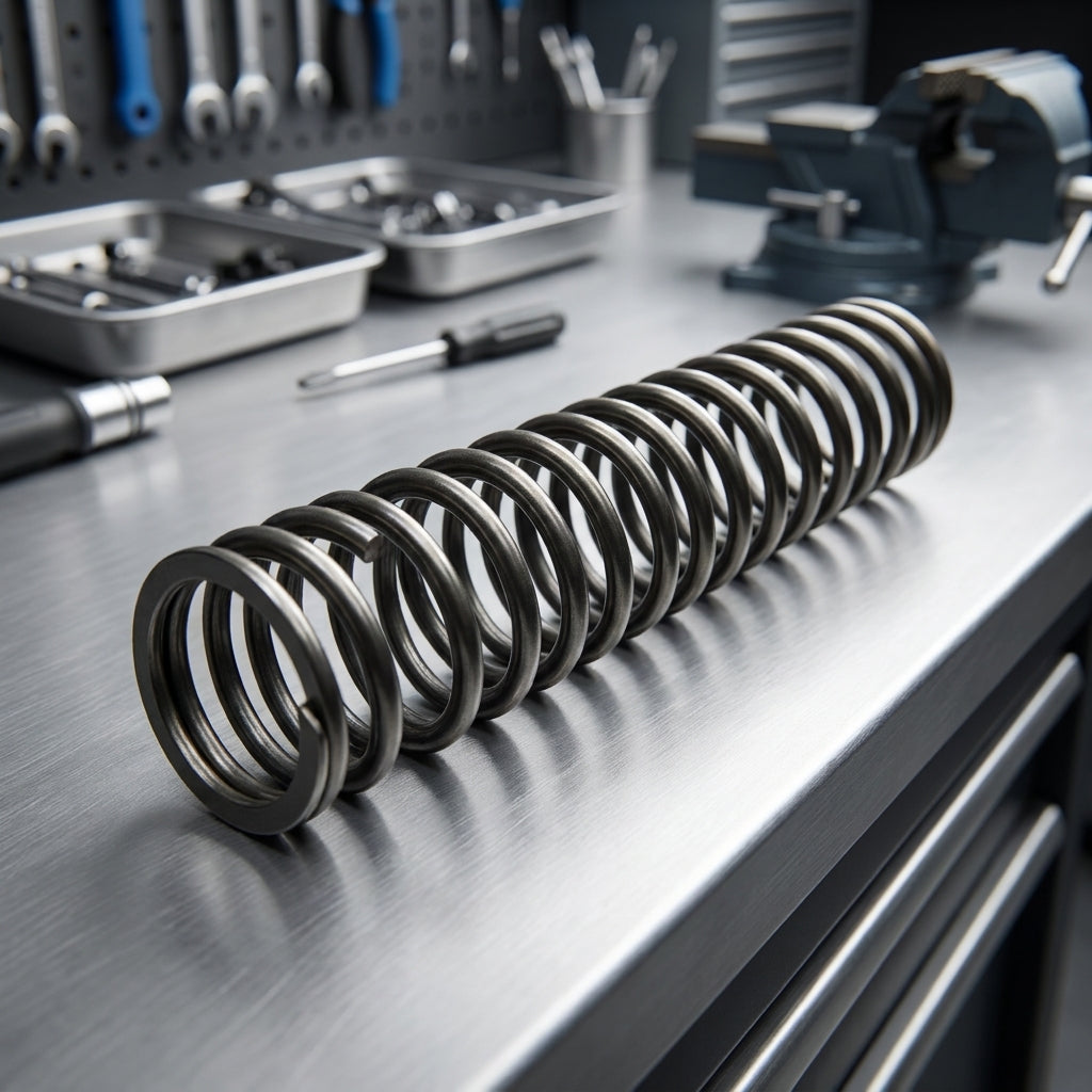 Dunkelgraue Spiralfeder SR-Suntour weich für SF18/19 MOBIE25 75mm auf Metallwerkbank.