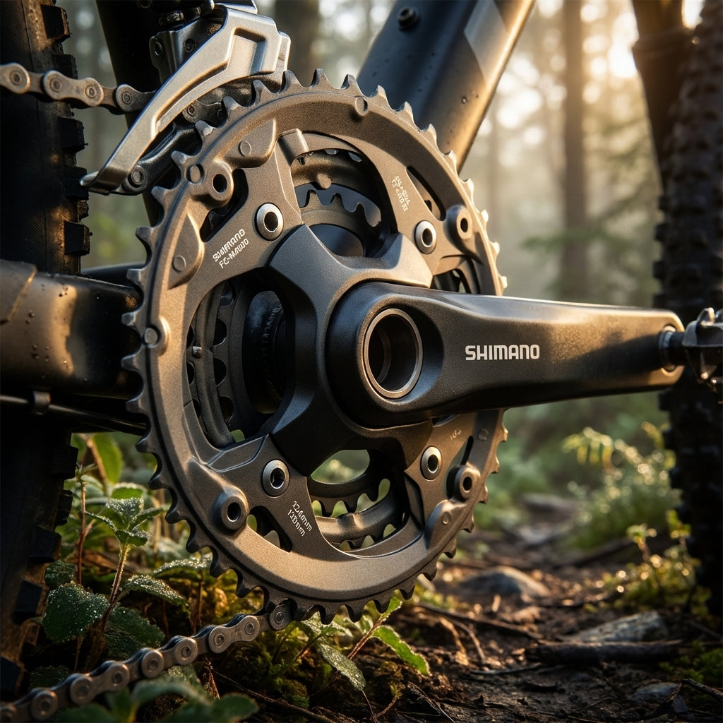 SHIMANO FC-M4000 40 Zähne Kettenblatt am MTB. Präziser Antrieb für moderne MTB-Schaltungen im Wald.