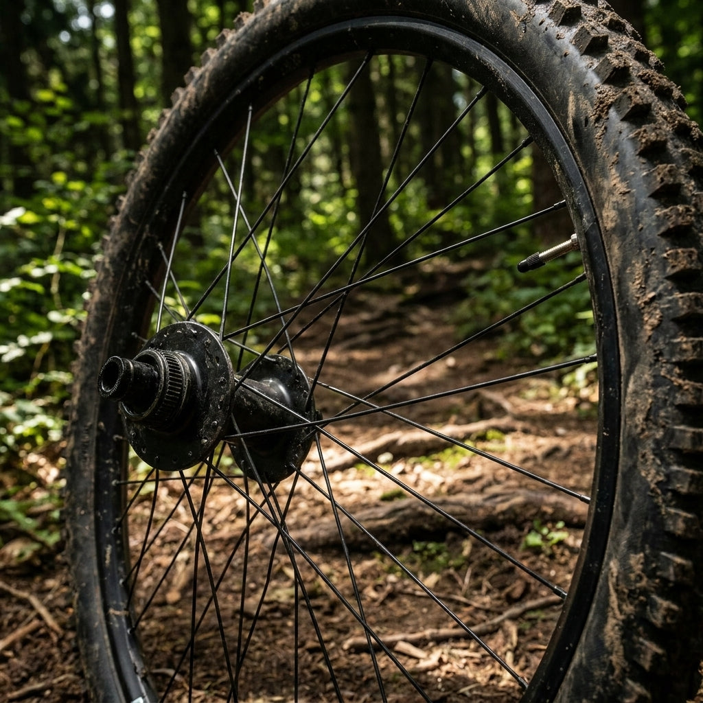 DT Swiss Alpine III Speiche am Mountainbike-Laufrad im Wald, robust und leicht.