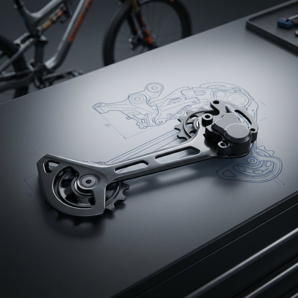 Shimano XT RD-M8120 Schaltwerk mit Kettenleitblech auf Konstruktionszeichnung, Mountainbike im Hintergrund.