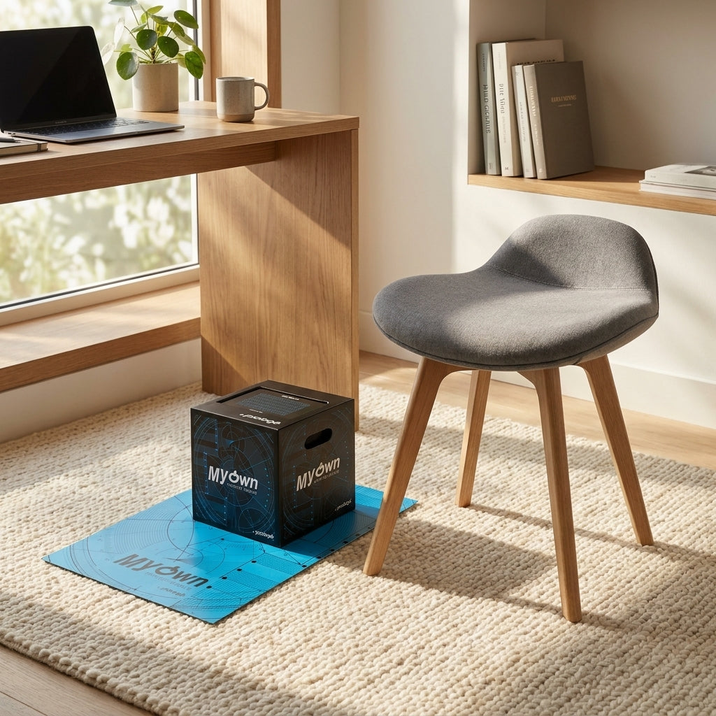 Prologo Kit MyOwn Box und Messpad auf Teppich in modernem Arbeitszimmer.