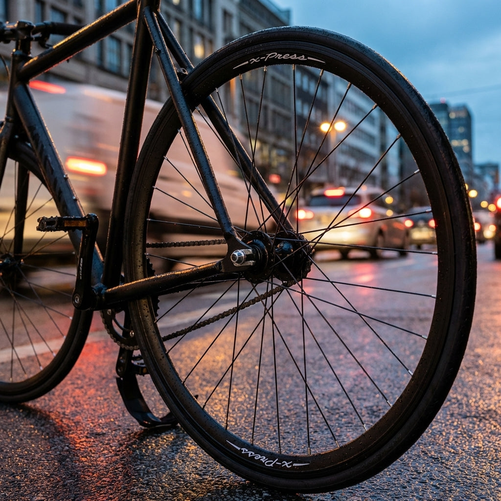 Schwarzer Miche X-Press Singlespeed Laufradsatz am Fahrrad auf nasser Stadtstraße.