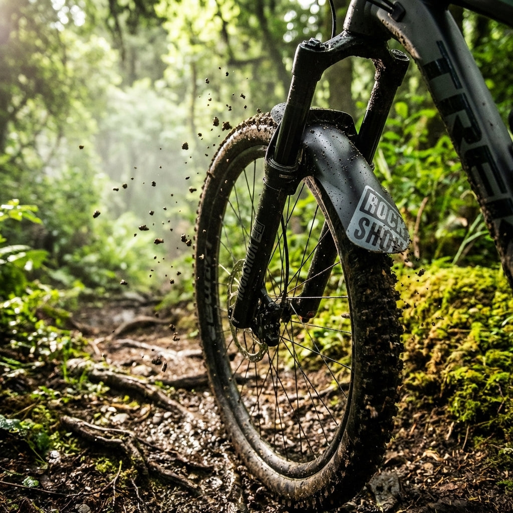 Rockshox Fender MTB schwarz/polar grau Print am Mountainbike-Vorderrad auf schlammigem Waldweg.