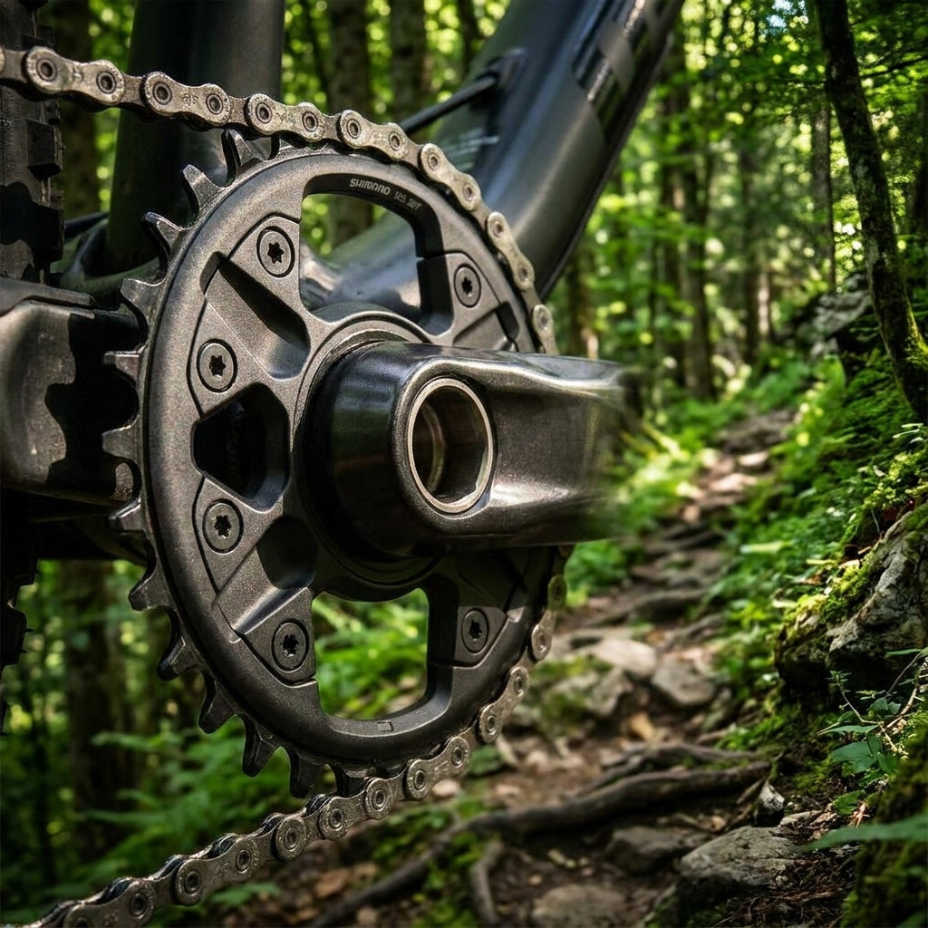 SHIMANO DEORE FC-M6100 30 Zähne Kettenblatt am Mountainbike, effiziente 1x12 Performance auf Waldweg.
