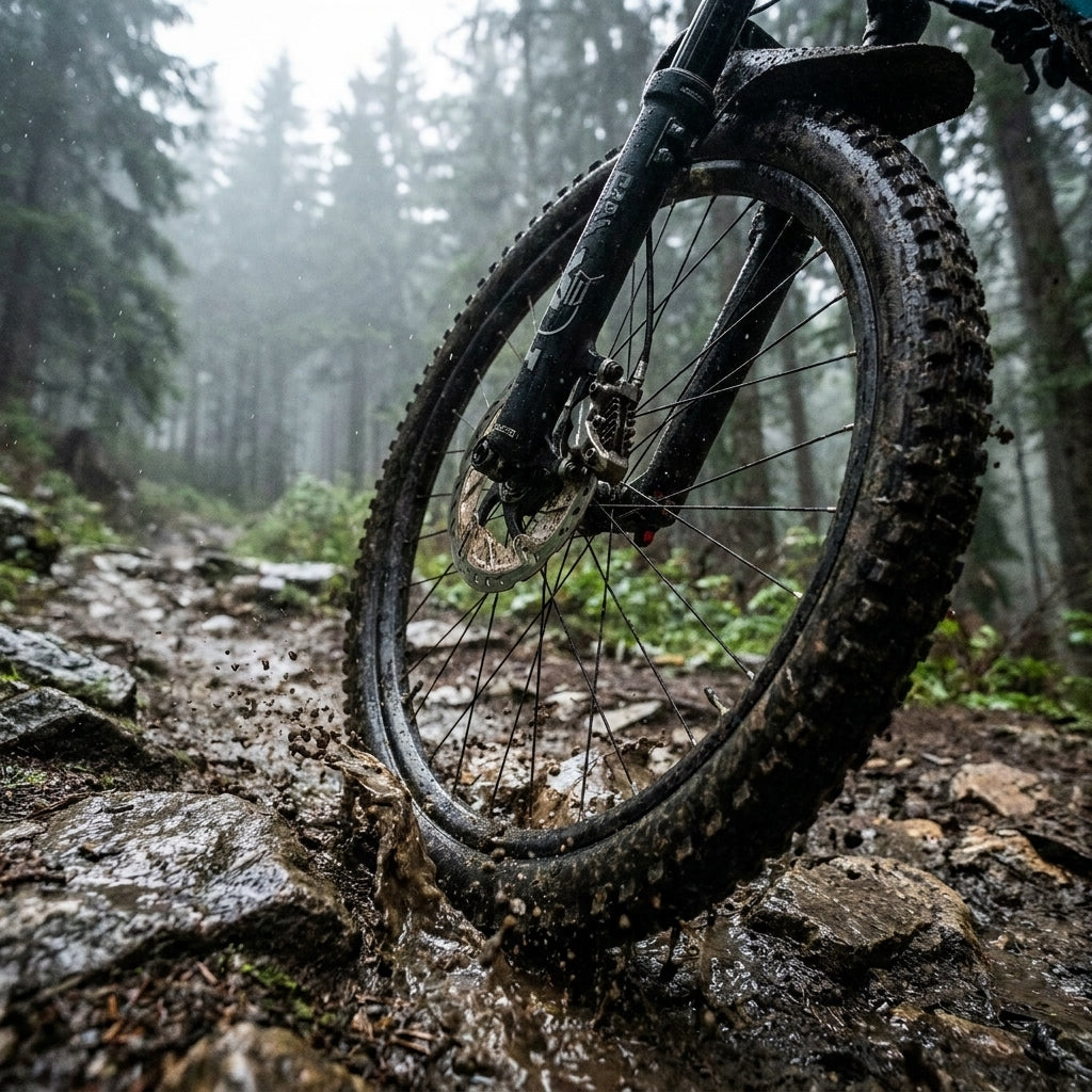 SHIMANO L04C-MF Scheibenbremsbelag an Mountainbike-Rad in Schlamm spritzend auf Waldweg.