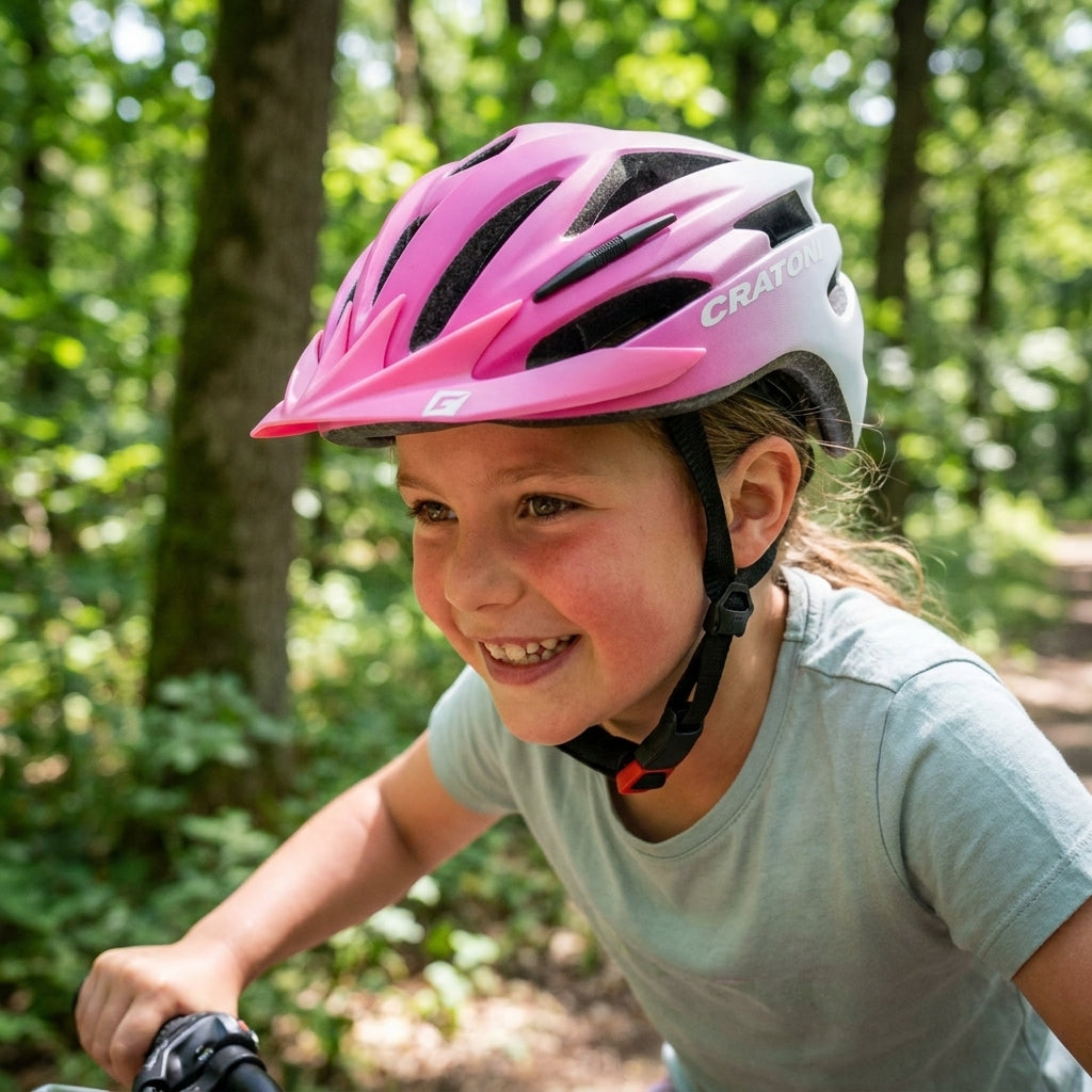 Cratoni Pacer jr Kinderhelm pink weiß matt auf einem lächelnden Mädchen beim Radfahren im Wald.