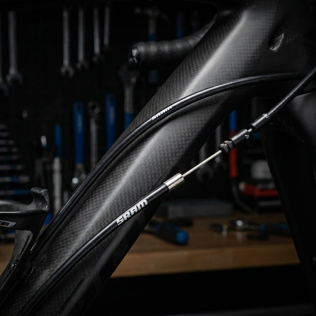 SRAM Bremskabel-Kit, schwarz, mit 5mm Außenhülle und 1,5mm Innenzug, am Carbon-Fahrradrahmen montiert.