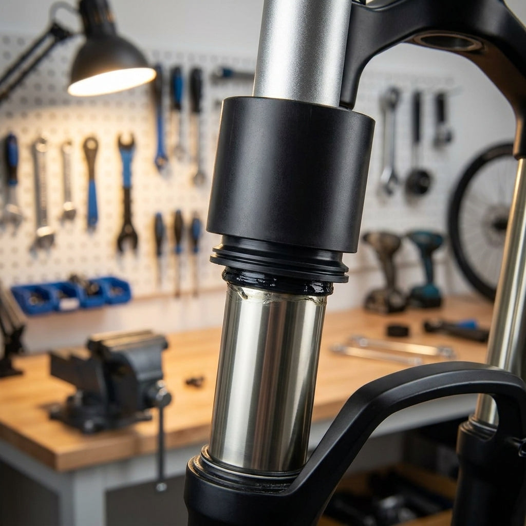 Staubdichtung Installationstool 28mm/30mm an Fahrrad-Federgabel in Werkstatt.