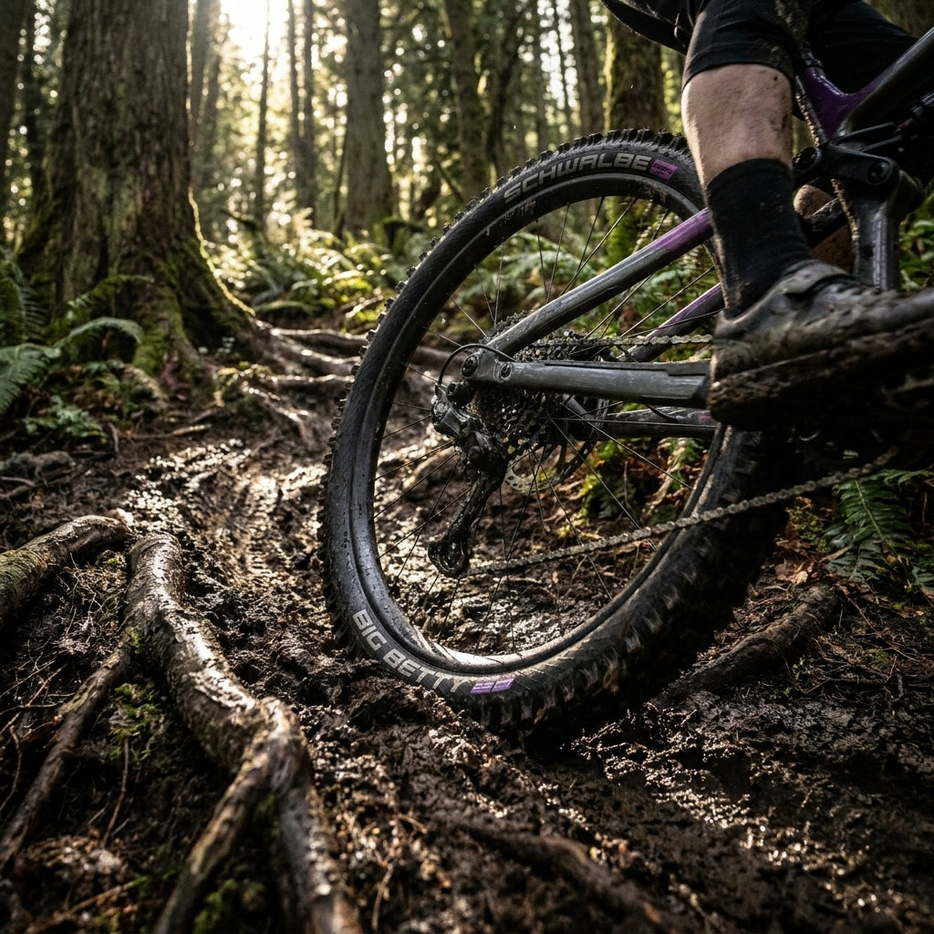 Schwalbe Big Betty Mountainbike Reifen am Hinterrad auf schlammigem Waldweg mit Wurzeln, Sonne im Wald.