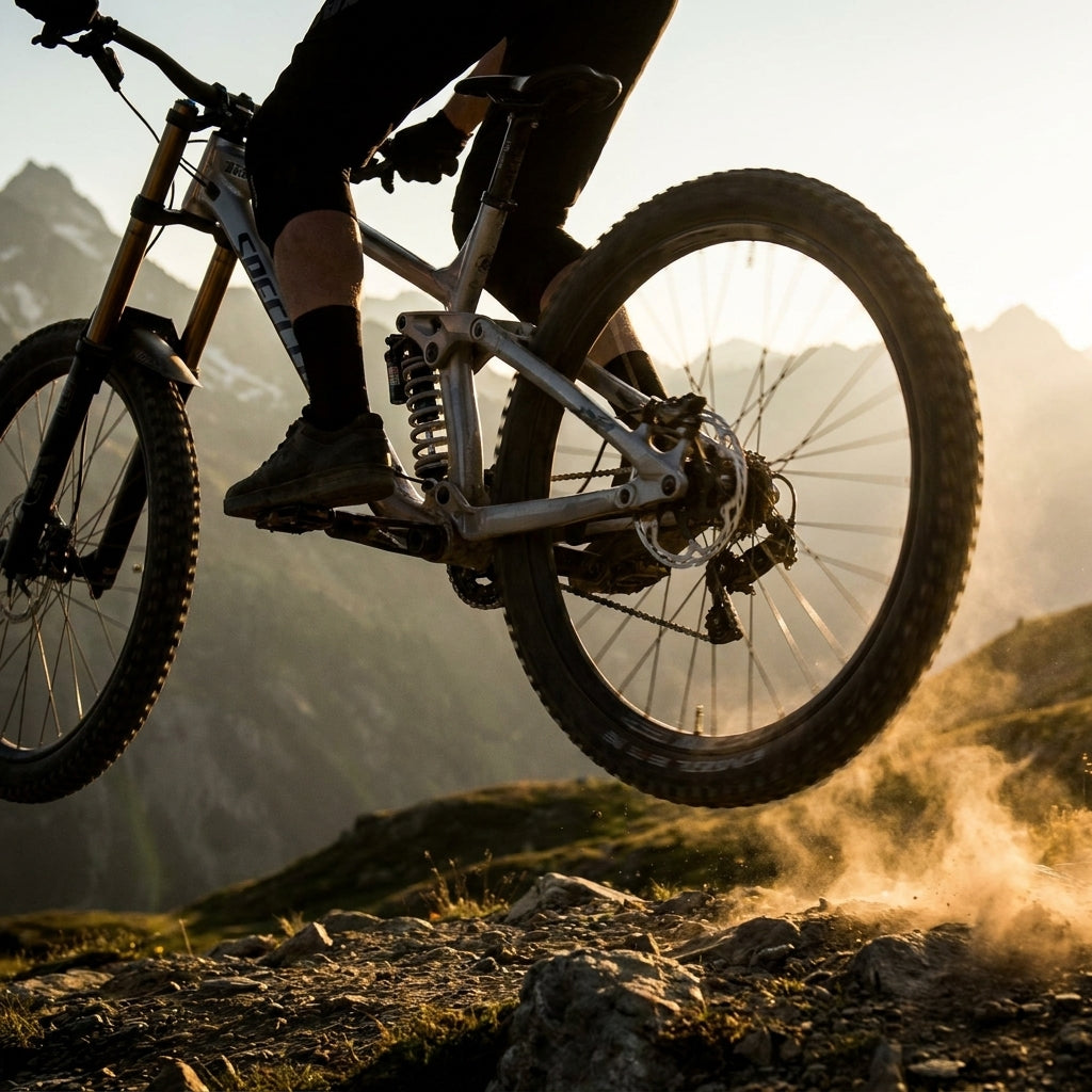 Graue Rockshox Feder an Mountainbike im Sprung, Staubwolke, Berge im Hintergrund bei Sonnenuntergang.