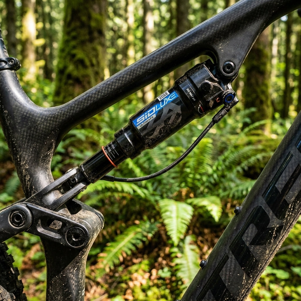 Schwarzer Rockshox SIDLuxe Ultimate Remote Dämpfer an einem Carbon-Mountainbike-Rahmen im Wald.