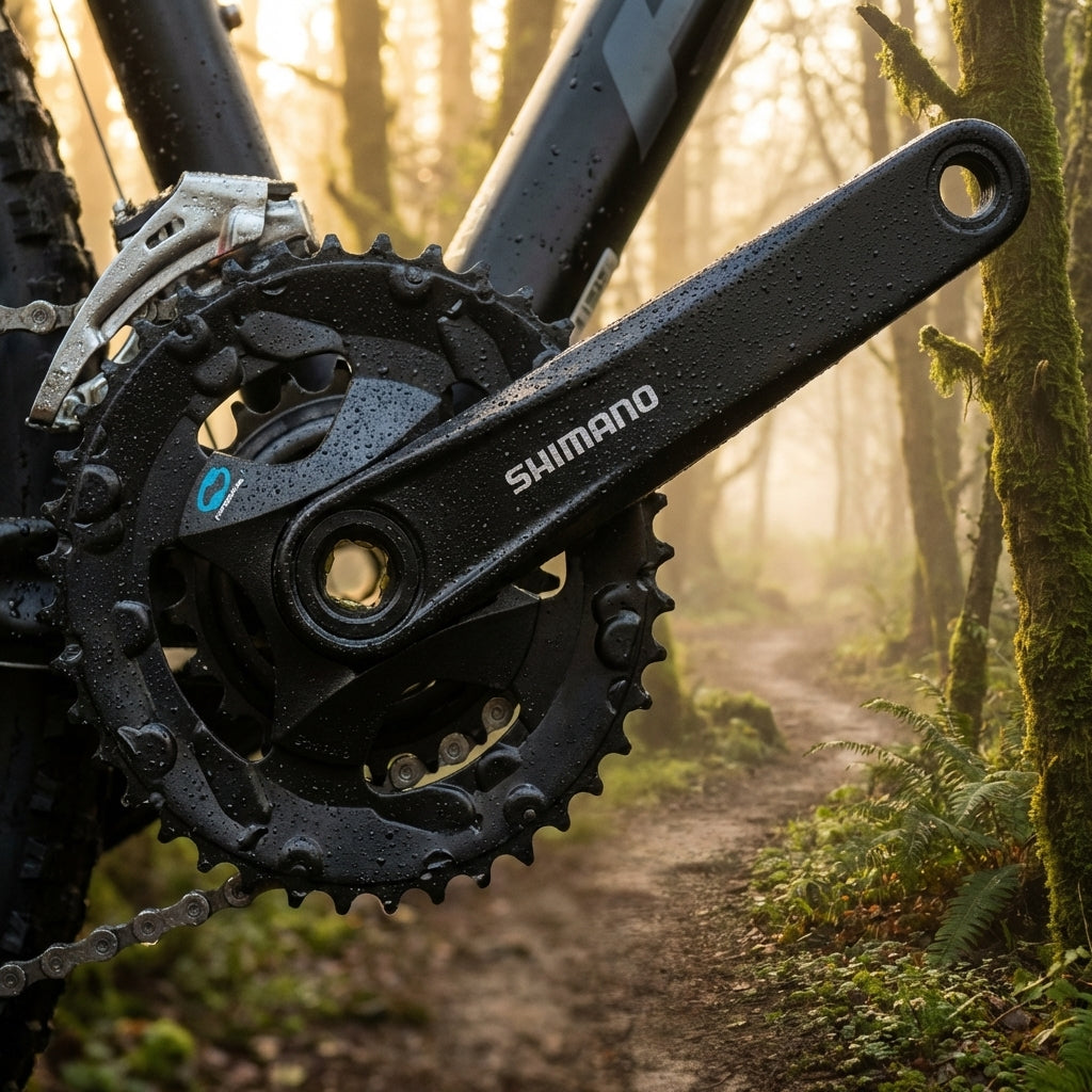 Shimano Kurbelgarnitur FC-M315-2 7/8-fach 36-22 Zähne an einem Mountainbike auf einem Waldweg.