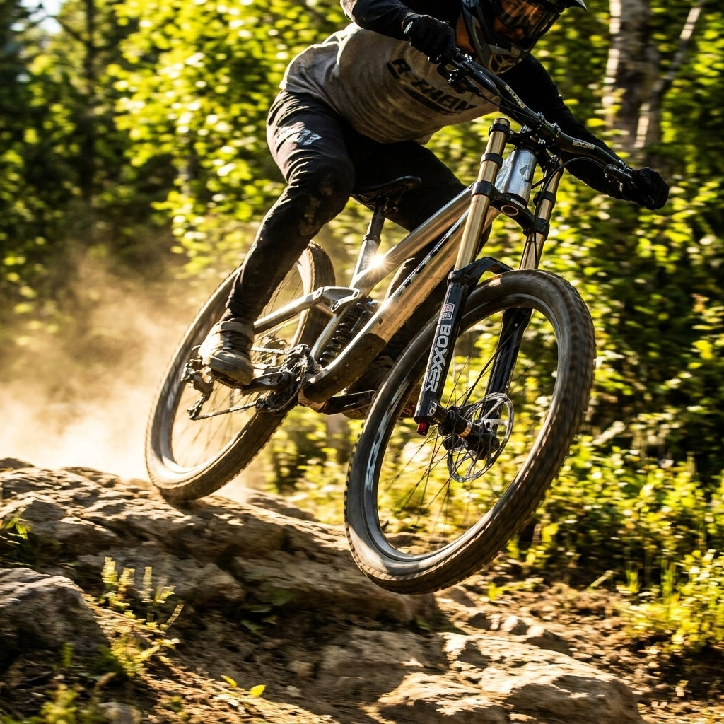 Mountainbiker springt mit RockShox Boxxer Federgabel über Felsen, Staub wirbelt auf.