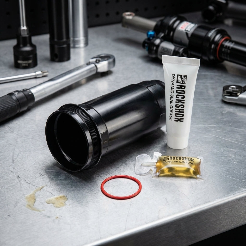 RockShox Air Can Assembly (2021+) für Hinterradfederung mit Dynamic Seal Grease, 15W50 Air Can Lube und Werkzeug.
