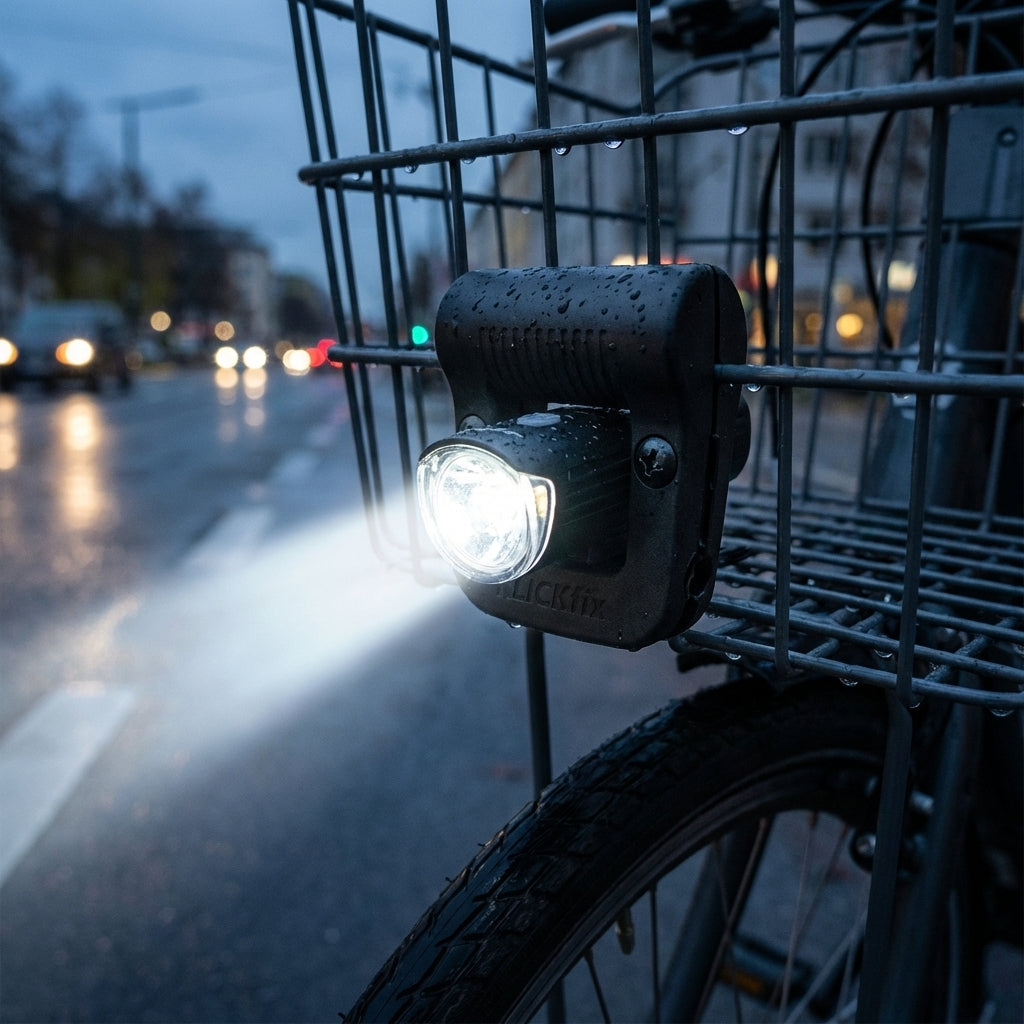 KLICKfix Light Clip Schwarz mit leuchtendem Fahrradlicht am Fahrradkorb, verhindert verdecktes Frontlicht.