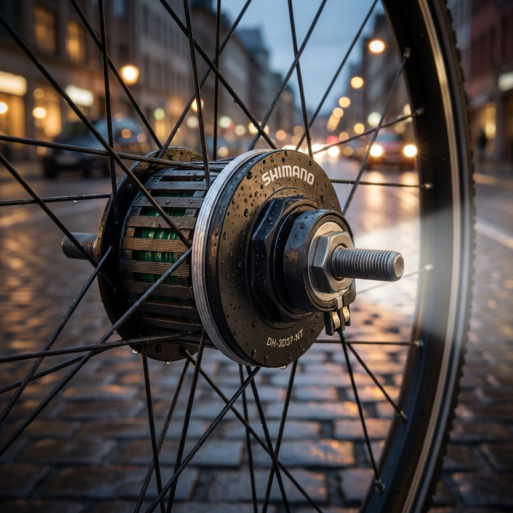 Schwarze Shimano DH-3D37-NT Dynamoeinheit für zuverlässige Fahrradbeleuchtung bei jedem Wetter und auf langen Touren.