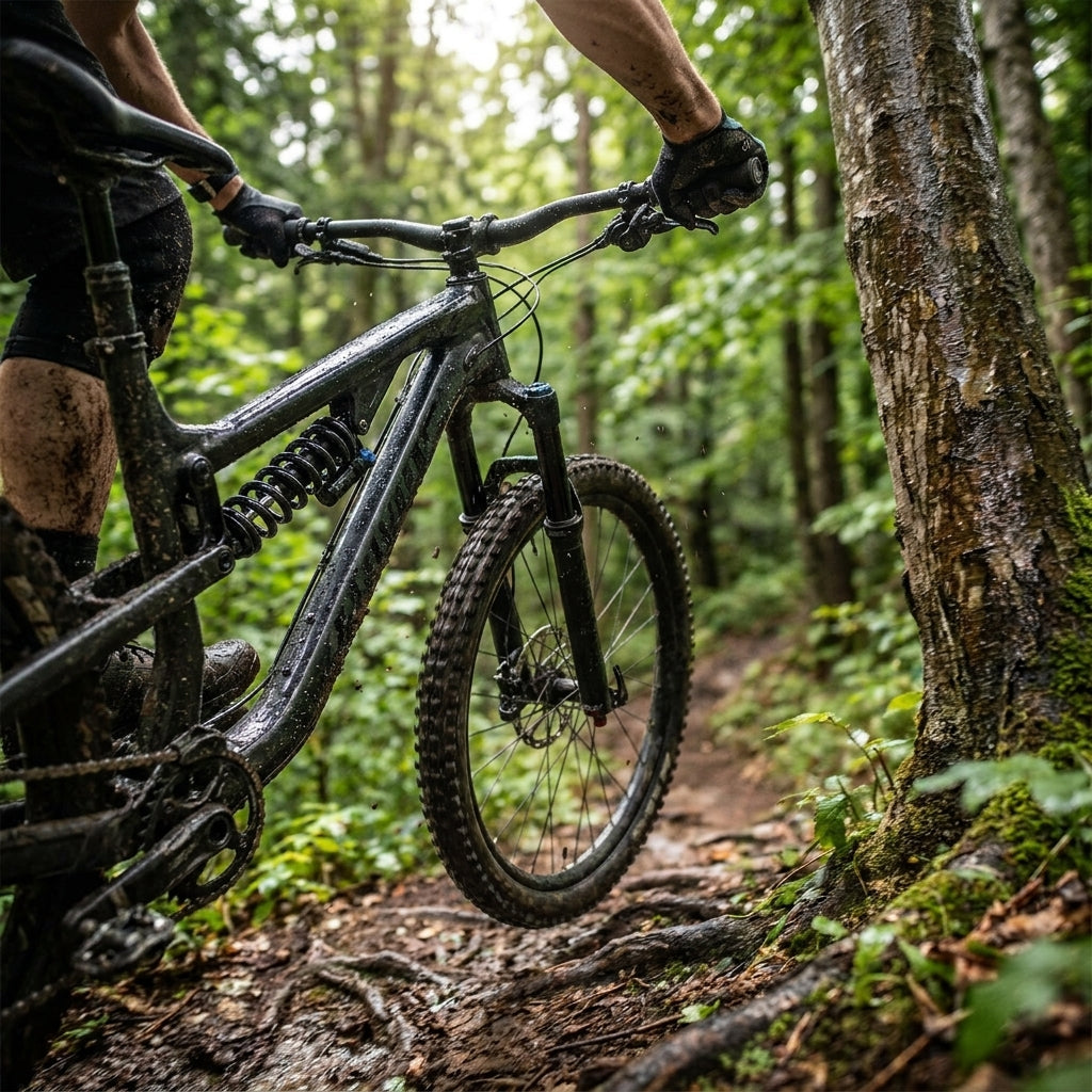 Schlammiges Mountainbike mit sichtbarer XLC Ersatzfeder für Federdämpfer (650lbs) auf Waldweg.