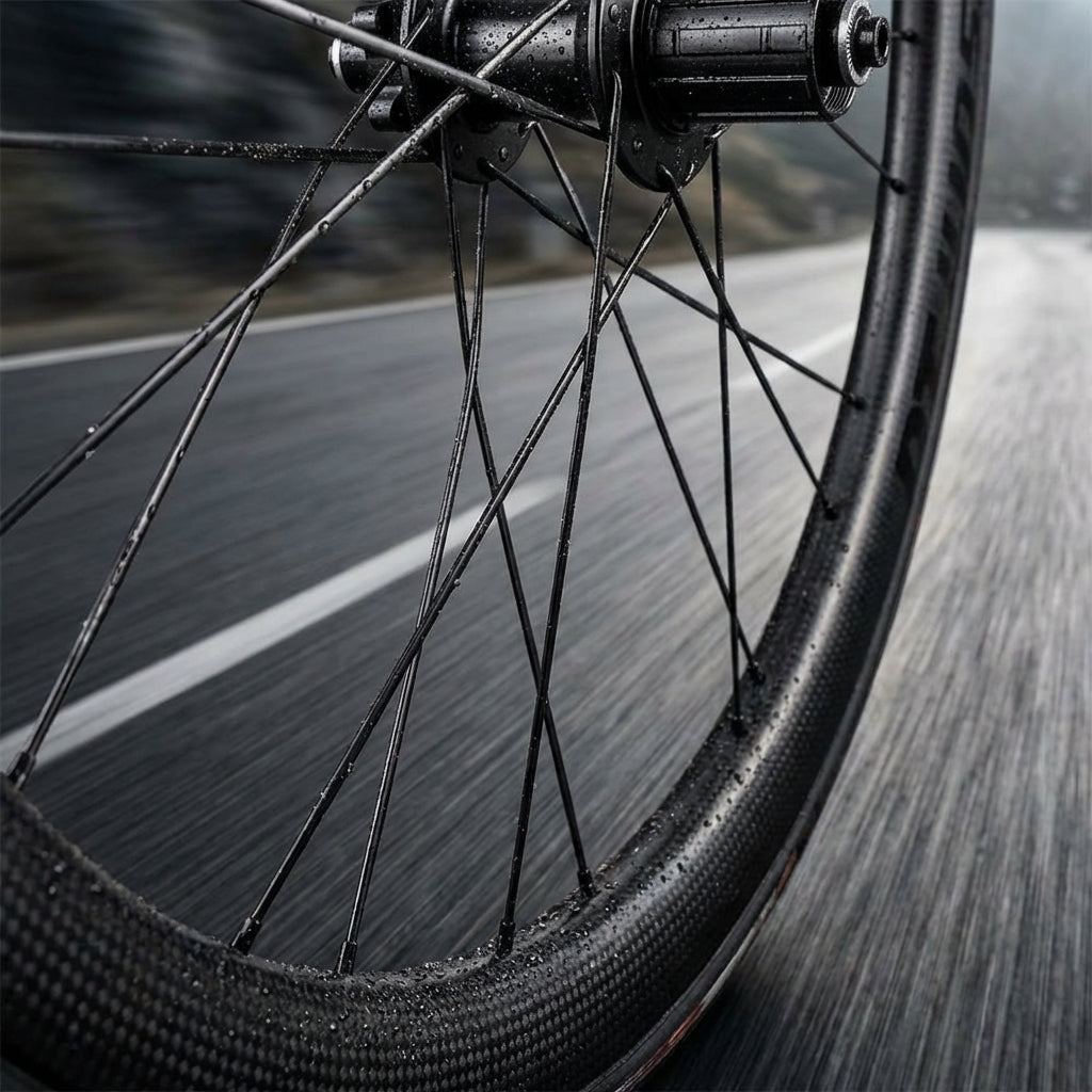DT SWISS Competition Straight Pull Speichen Schwarz auf einem nassen Carbon-Laufrad in Bewegung.
