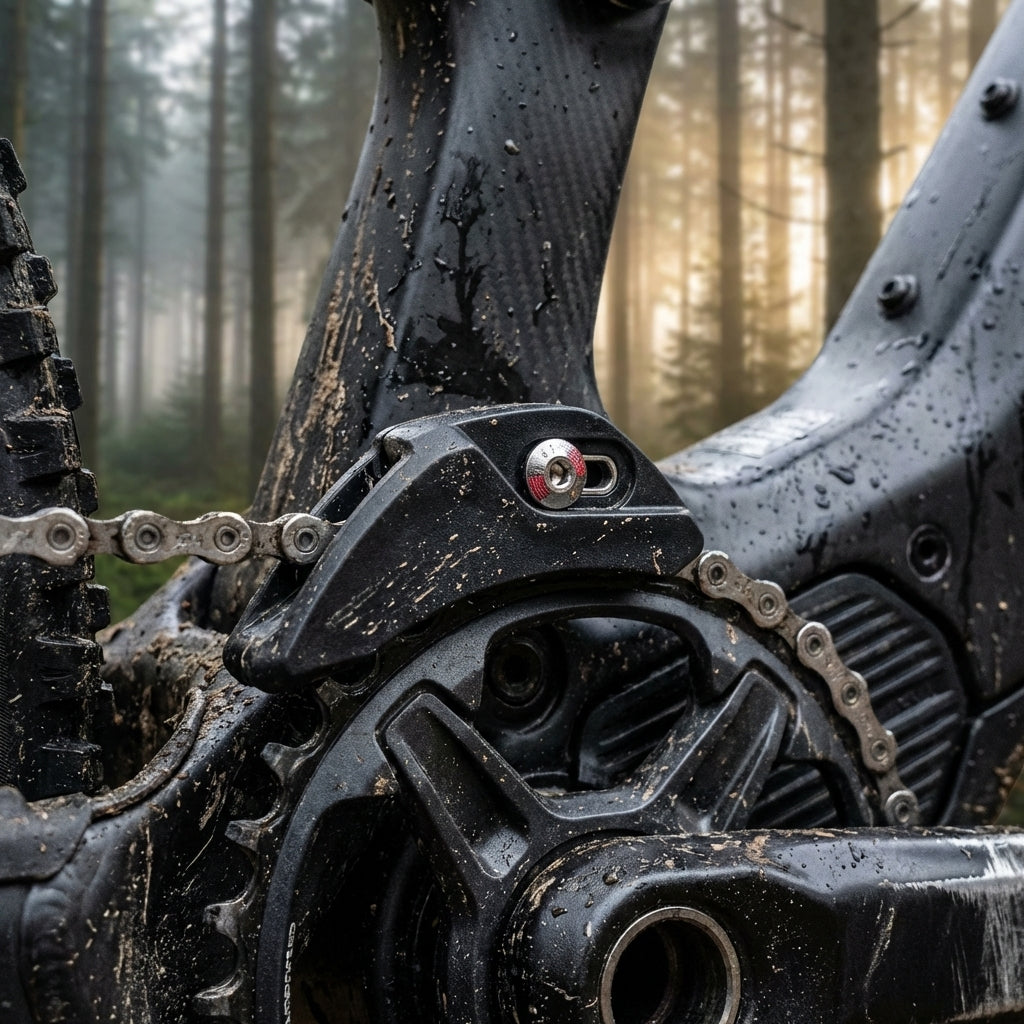 SHIMANO SM-CDE80 Führungseinheit am schlammigen E-Bike im Wald. Zuverlässige Kettenführung für SHIMANO E-BIKE SYSTEMS.