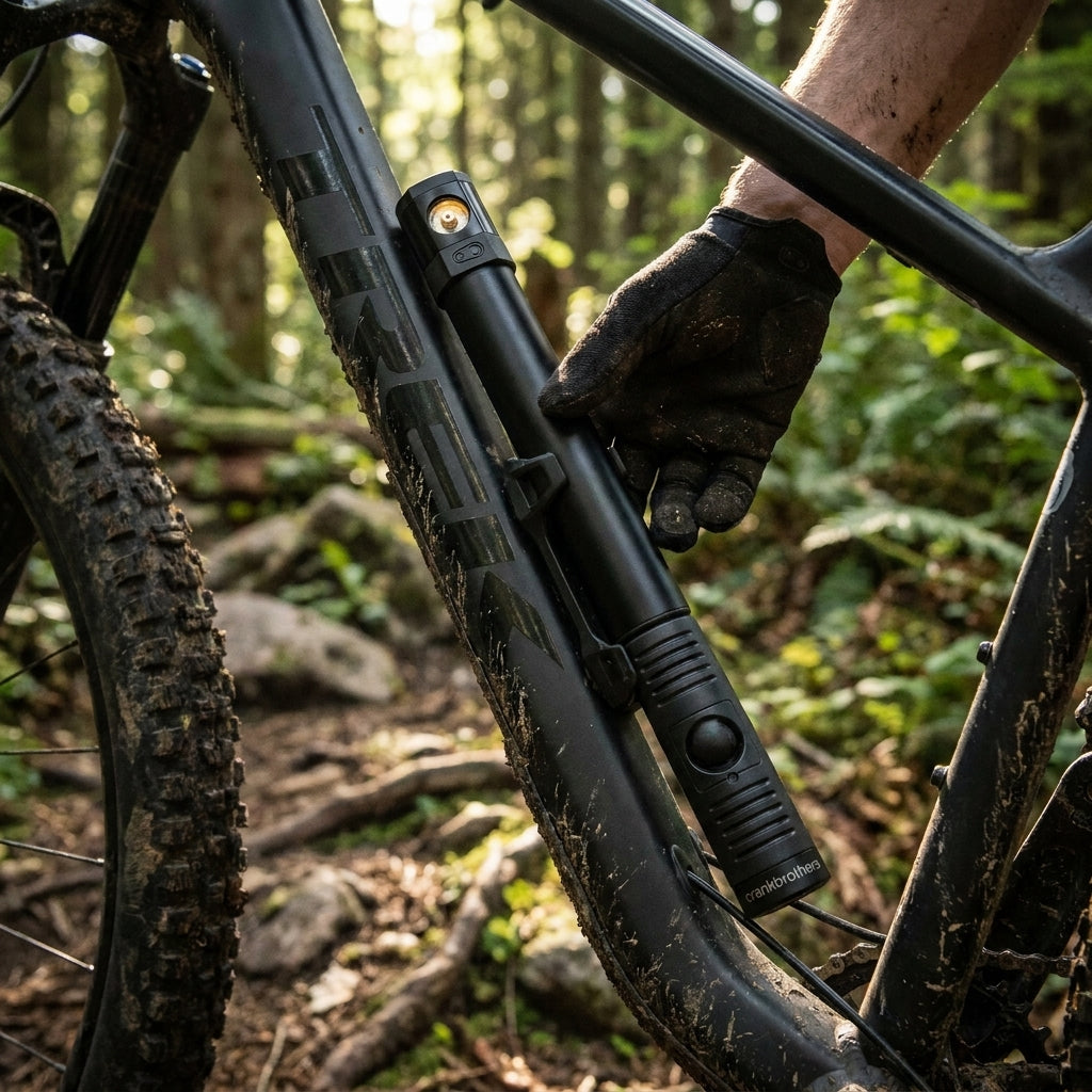 Crankbrothers Klic HV Handpumpe schwarz mit analogem Manometer am Mountainbike-Rahmen im Wald.