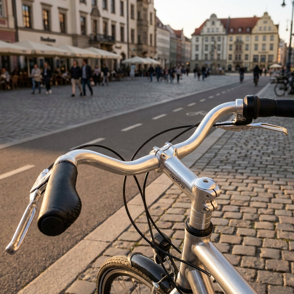 Ergotec Lenkerbügel Cruiser Alu, silber eloxiert, am Fahrrad. Blick auf belebten Stadtplatz.