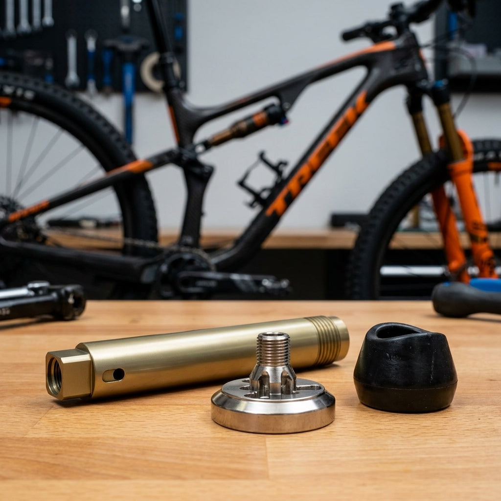 Rockshox Dämpferschaft SIDLUXE A2 35 27.5-35mm mit Schaft und Dichtungen für Mountainbike auf Holztisch.
