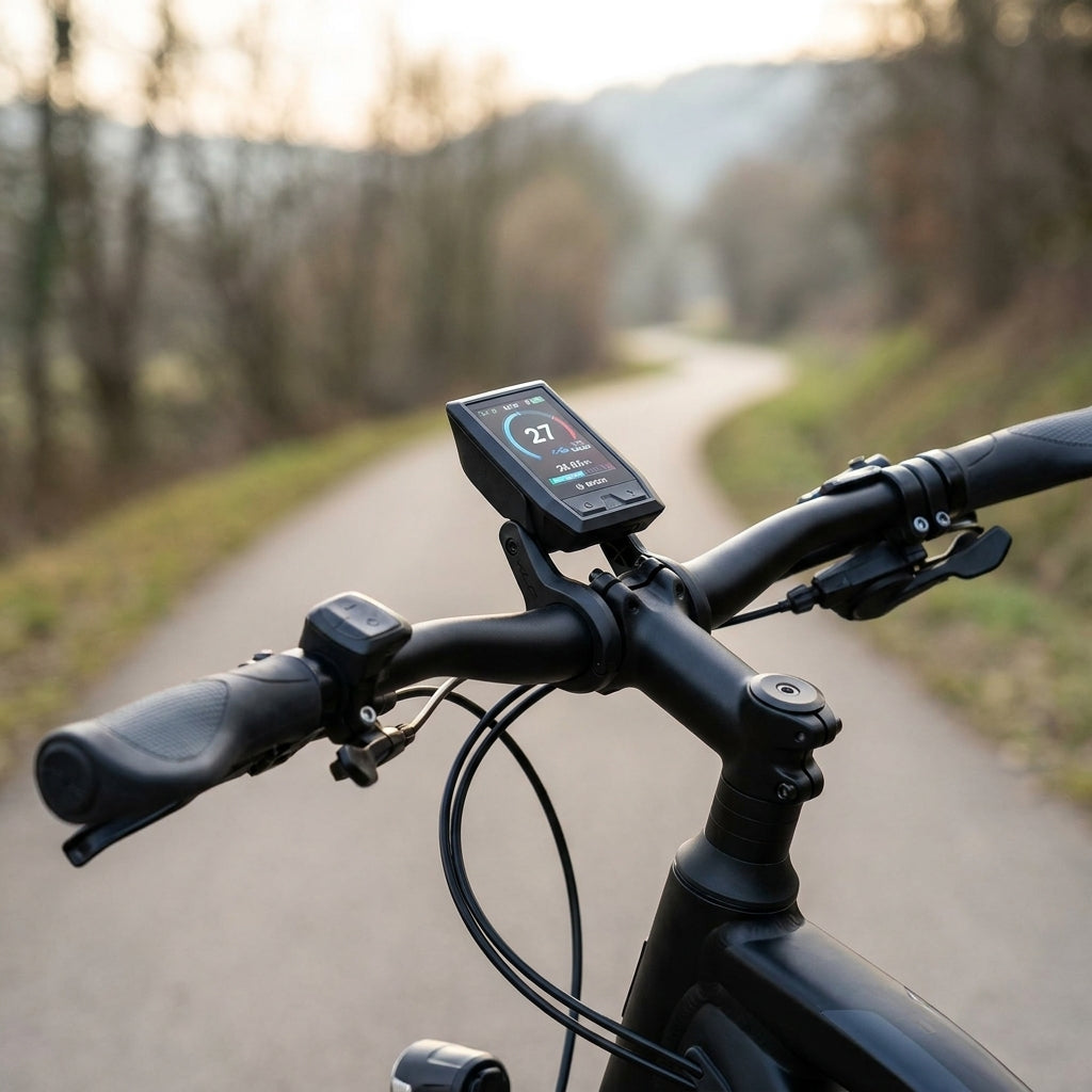XLC Kiox Central Mount BV-X12 schwarz an E-Bike Lenker mit Kiox Display auf kurvigem Radweg.
