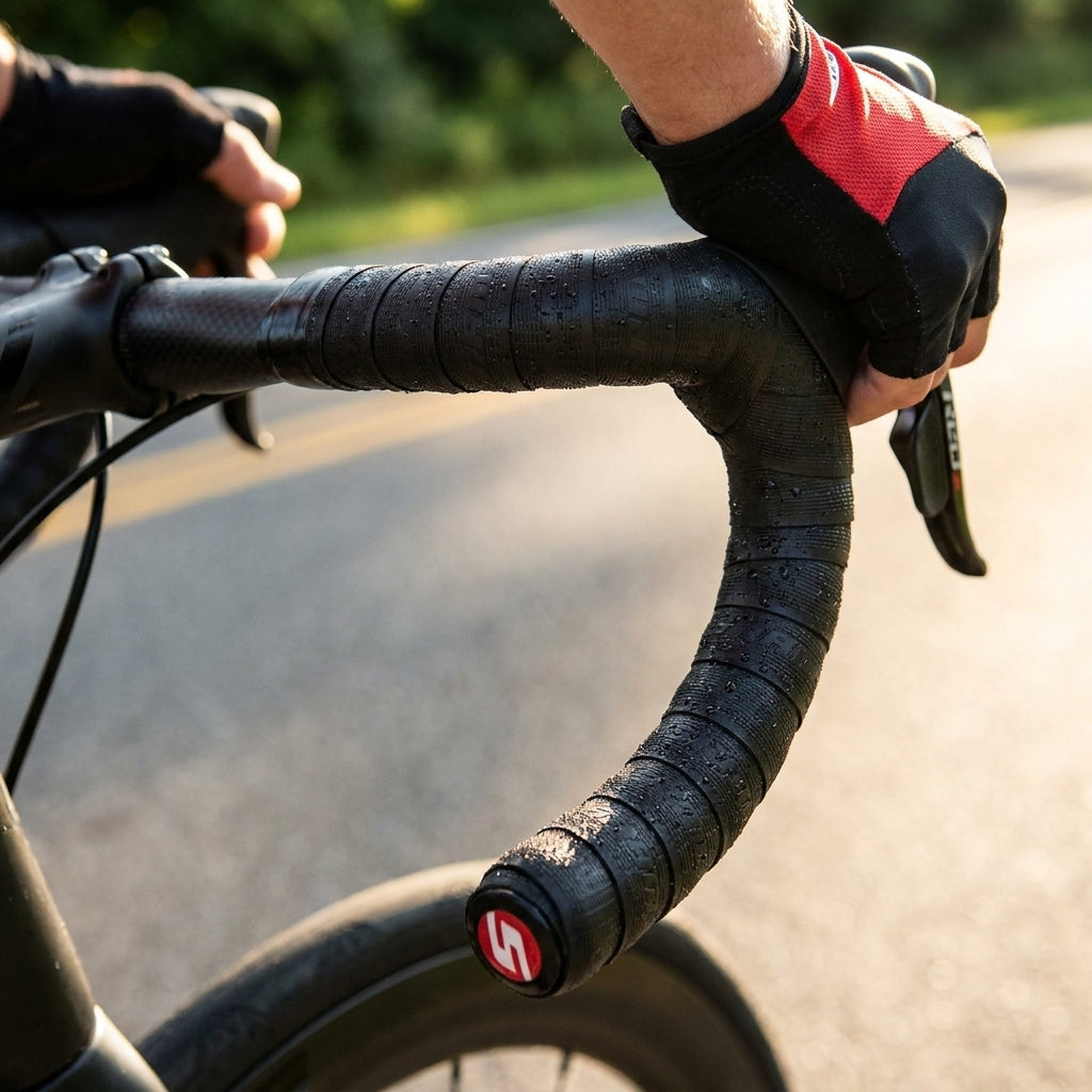 SRAM RED Rennrad-Lenkerband schwarz, mit Wassertropfen auf dem Lenker, gehalten von Händen in Radhandschuhen.
