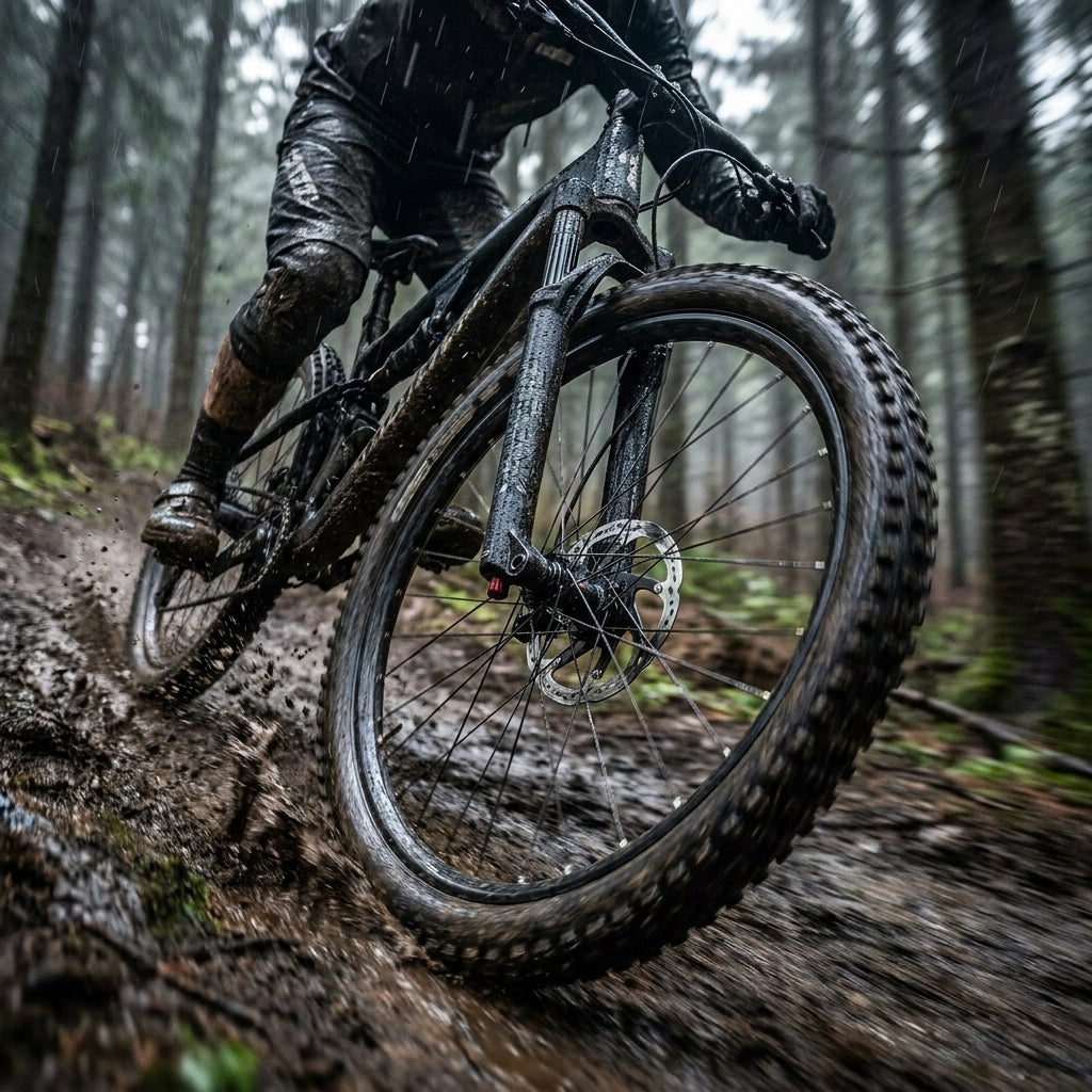 Voxom Scheibenbremsbeläge Bsc19: Mountainbiker fährt im Regen durch den Schlamm, Nahaufnahme der Scheibenbremse.