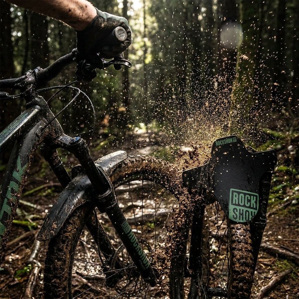 Rockshox VR Steckblech Fender schwarz fore green schützt Mountainbike vor Schlamm im Wald.