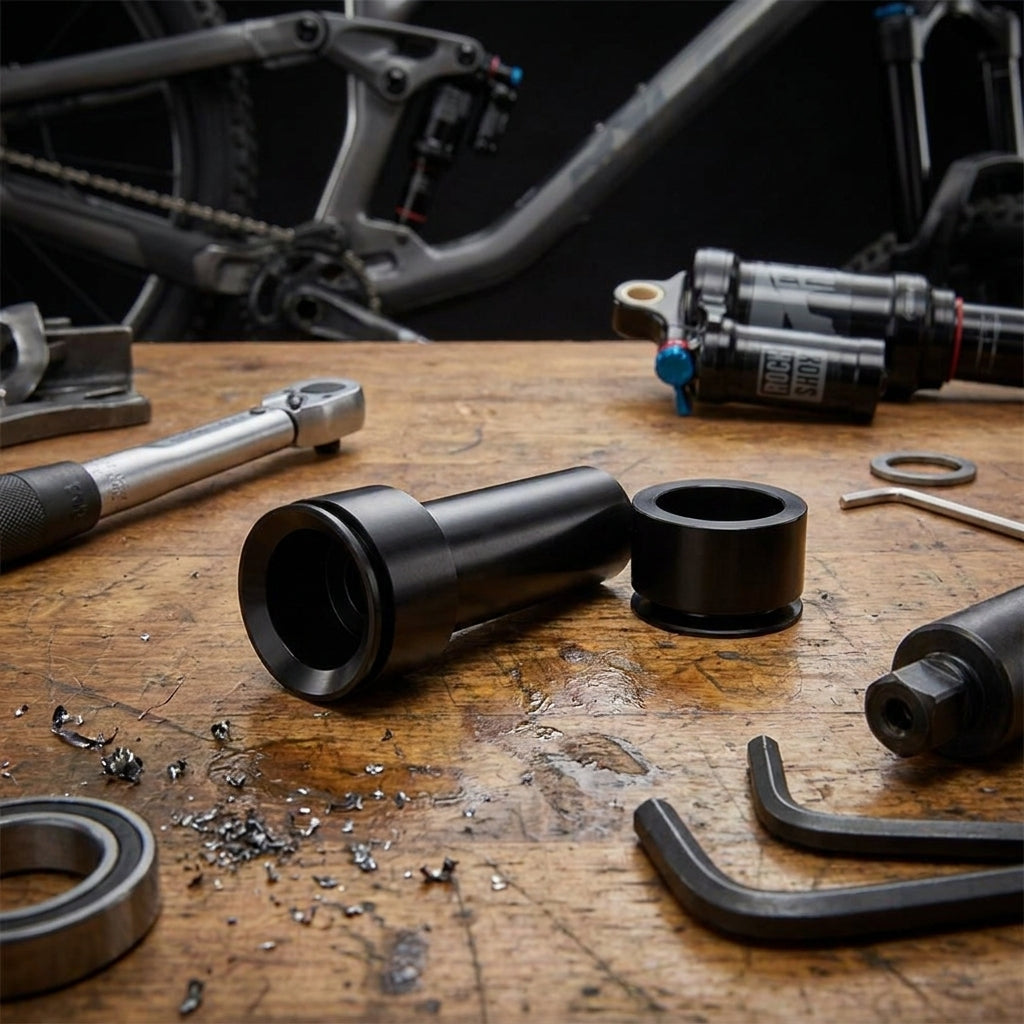 RockShox Dämpfer-Montageset 3-teilig 1/2" 6x34.0 Standard auf Werkbank mit Werkzeugen und Bike-Teilen.
