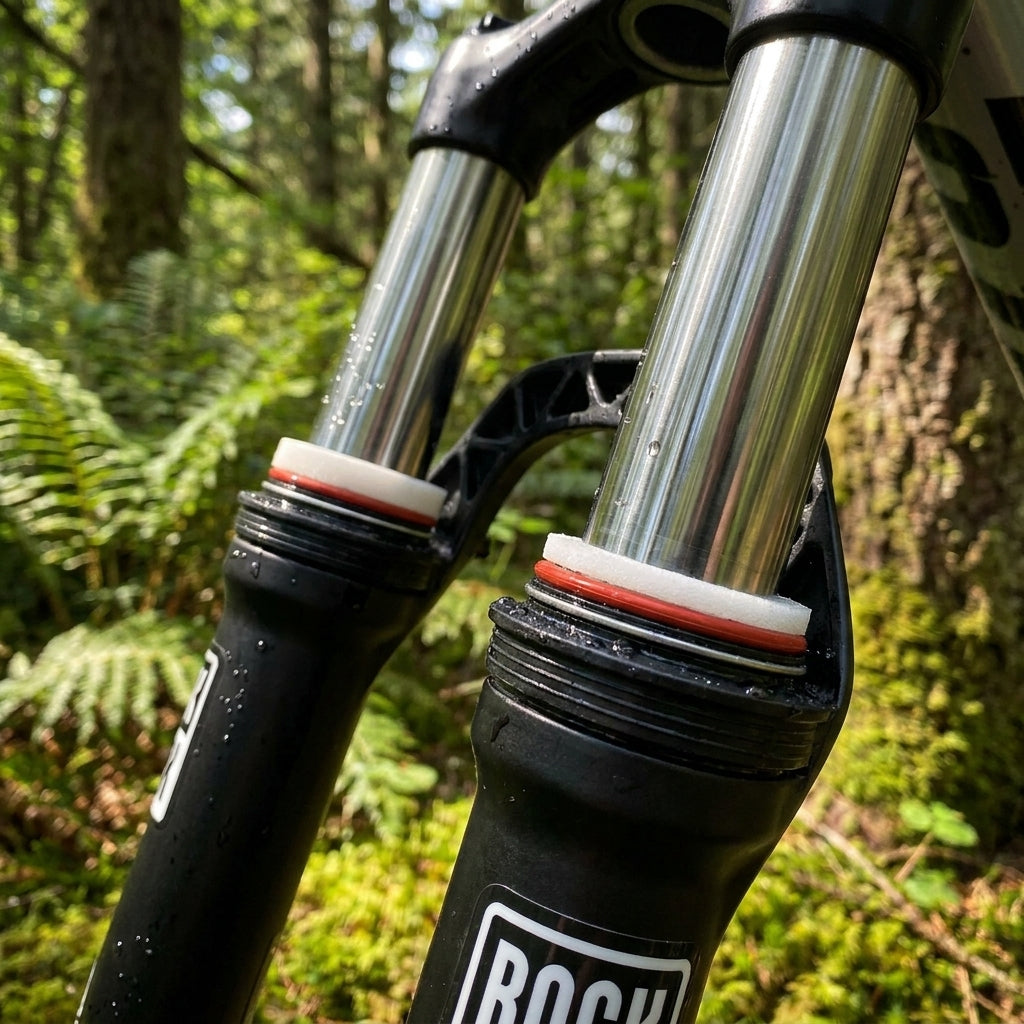 Nahaufnahme RockShox Federgabel mit 32mm Dust Wiper Upgrade Kit, reibungsarme Dichtung, rot/weiß, Wald.