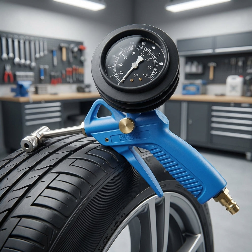 Alligator Reifenfüllpistole 3019L, blau, mit analogem Manometer auf Autoreifen in der Werkstatt.