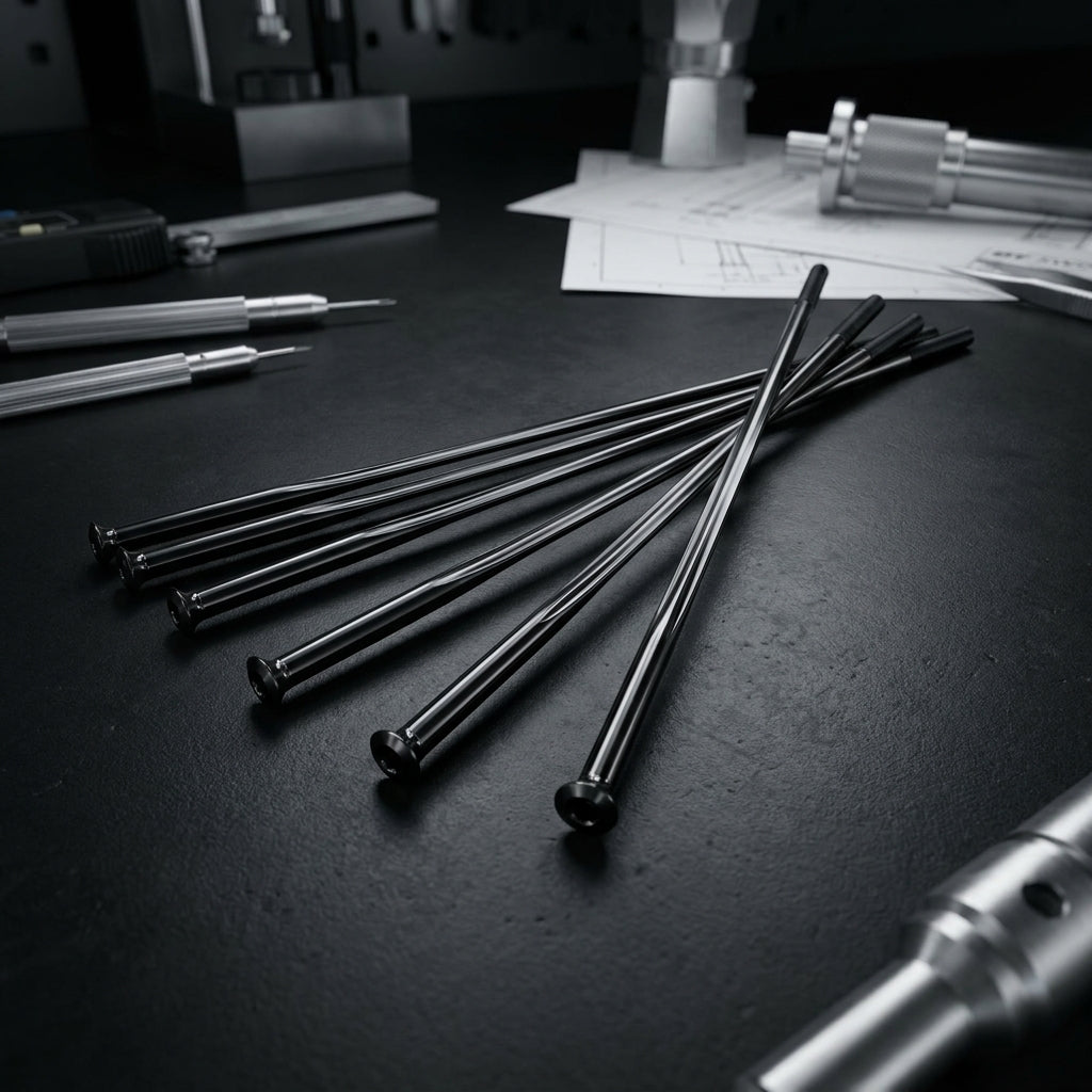 Schwarze DT Swiss Revolite Straightpull Nirosta Speichen (2.0) auf dunkler Werkbank mit Werkzeug.