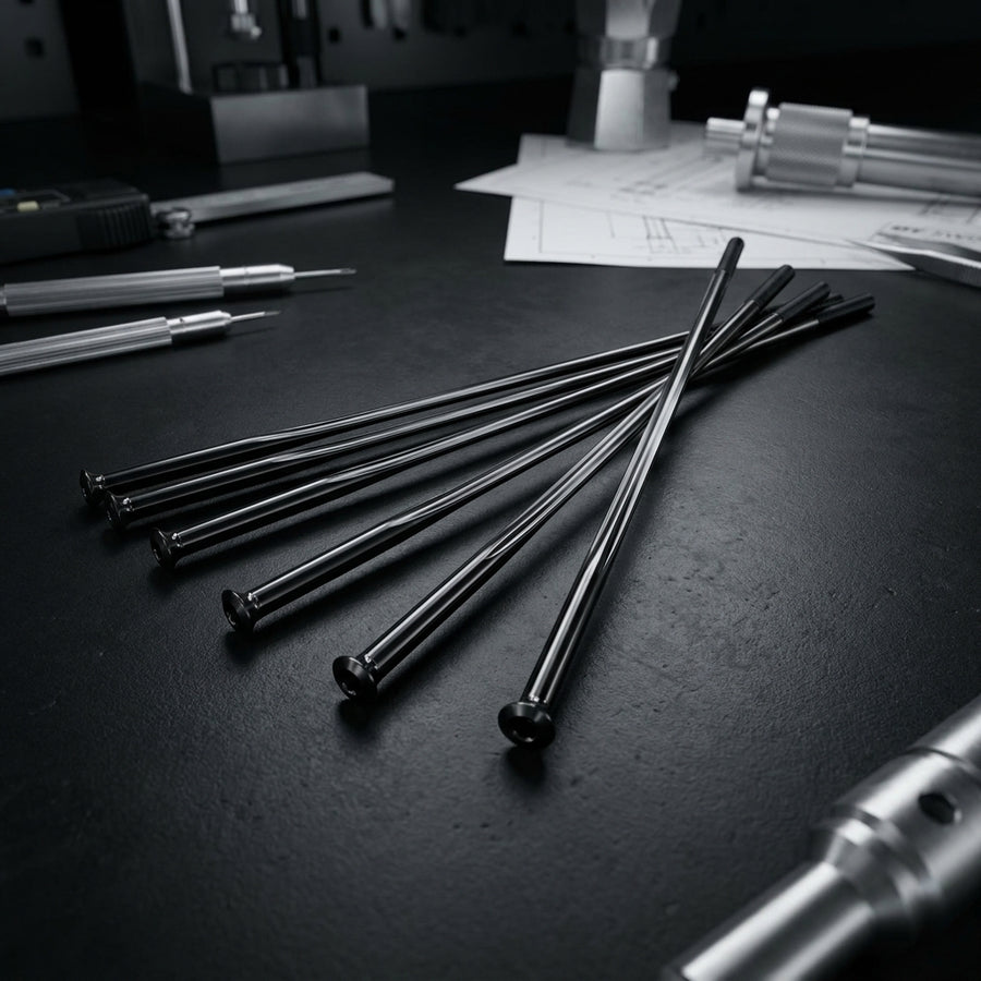 Schwarze DT Swiss Revolite Straightpull Nirosta Speichen (2.0) auf dunkler Werkbank mit Werkzeug.