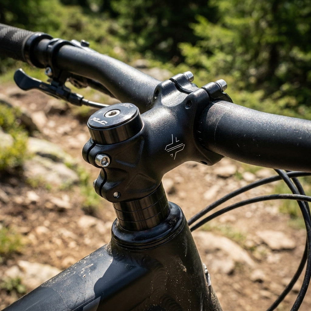 XLC Comp Ahead Vorbau ST-M15 Aluschwarz am Lenker eines Mountainbikes auf einem felsigen Trail.