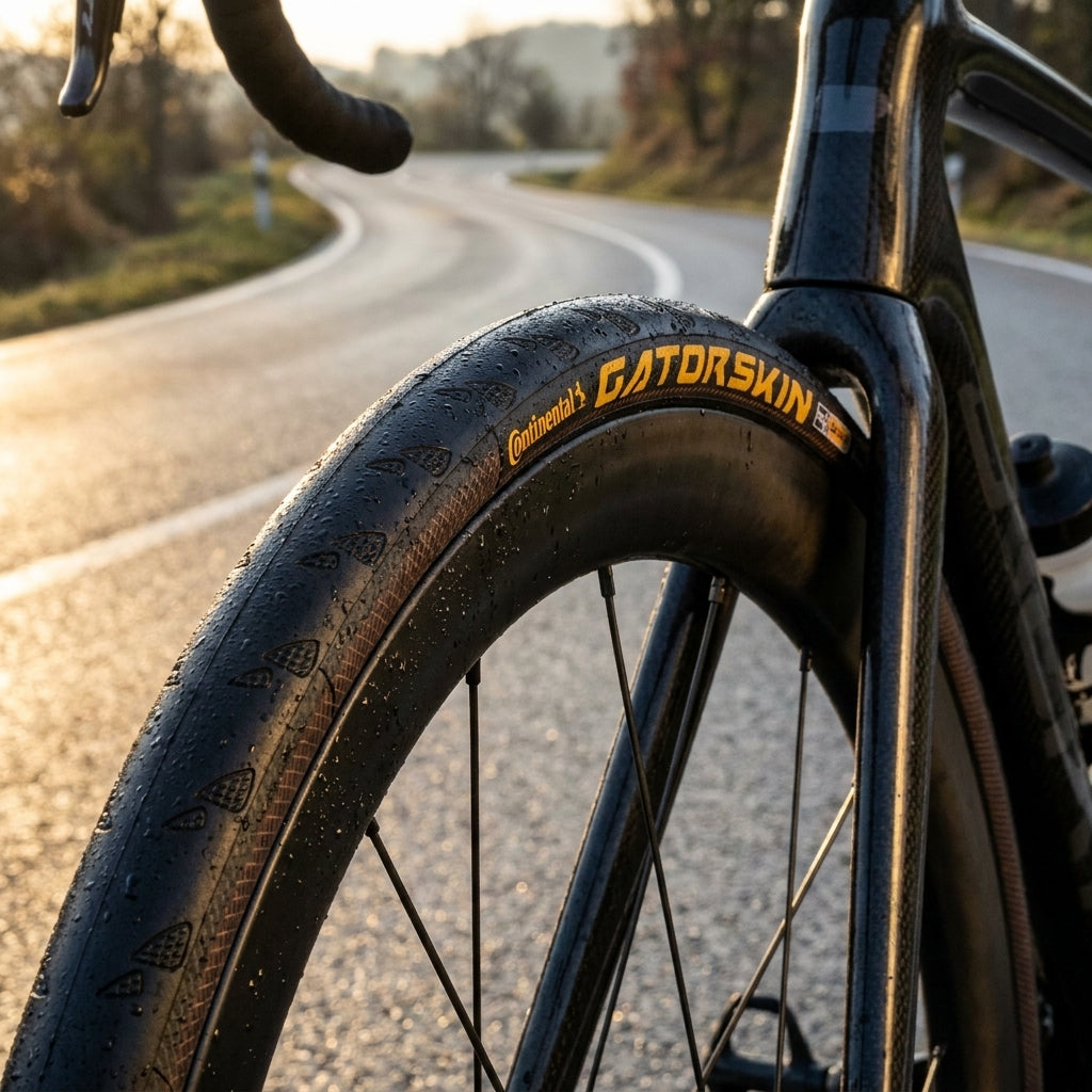 Continental Gatorskin schwarz Drahtreifen 23-622 am Fahrrad, nass auf kurviger Landstraße im Sonnenlicht.