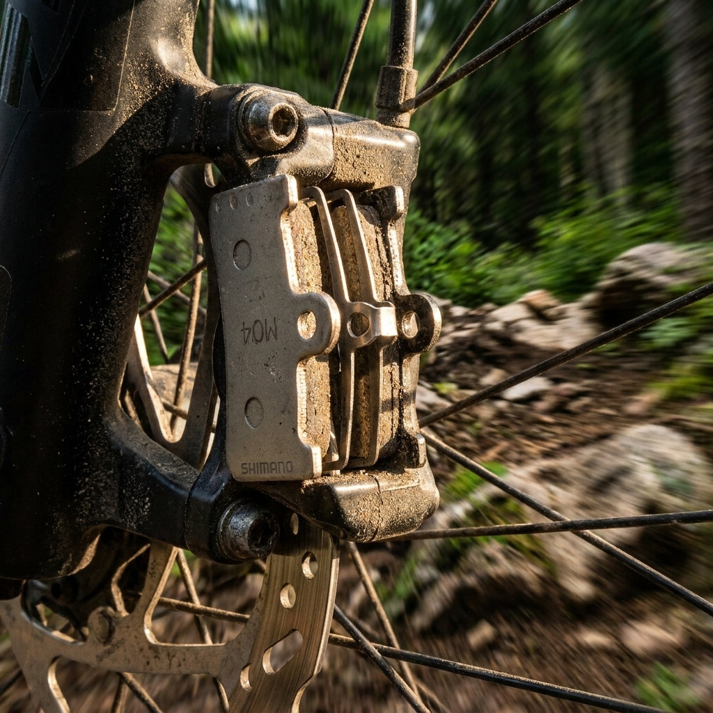 SHIMANO M04-RX Scheibenbremsbelag an verschmutzter Fahrrad-Scheibenbremse im Einsatz auf dem Trail.