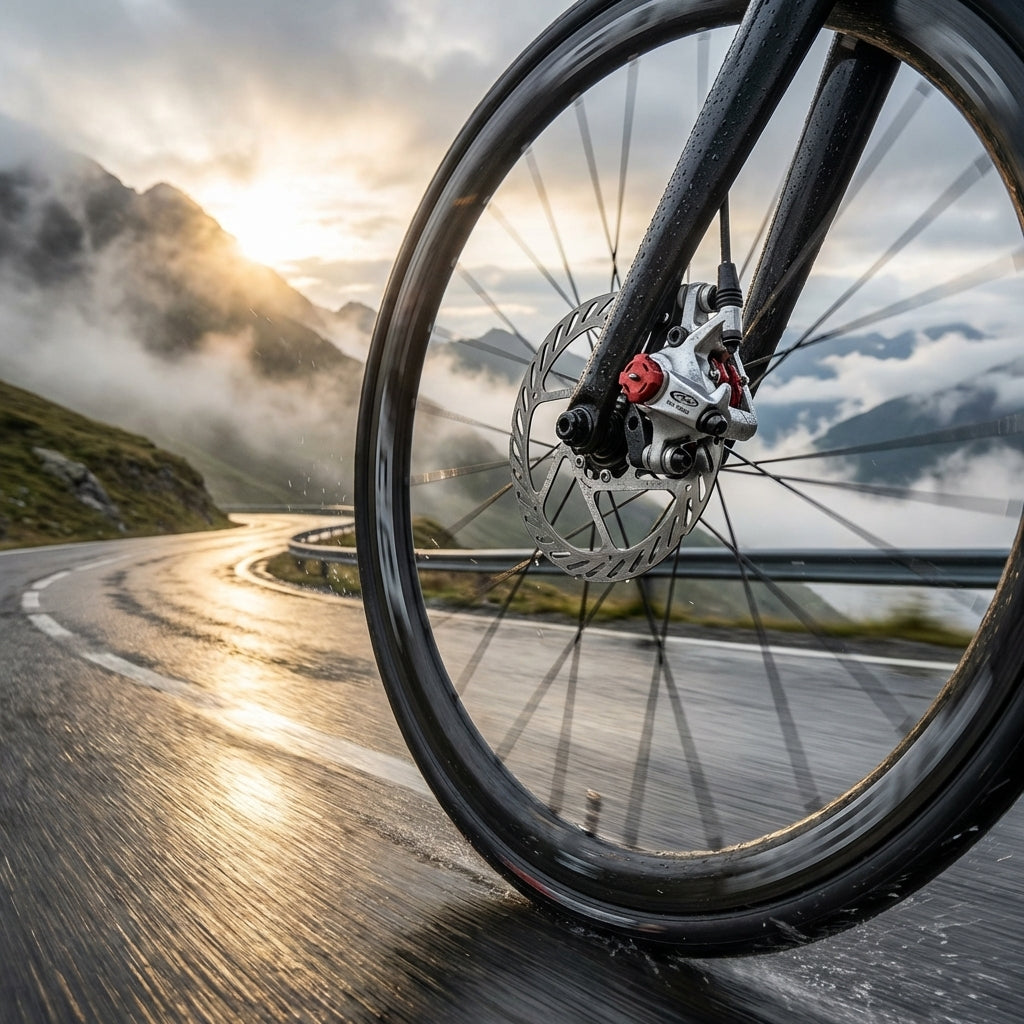 Avid BB7 Road mech. Scheibenbremse am Fahrrad-Vorderrad auf nasser Bergstraße im Sonnenlicht.
