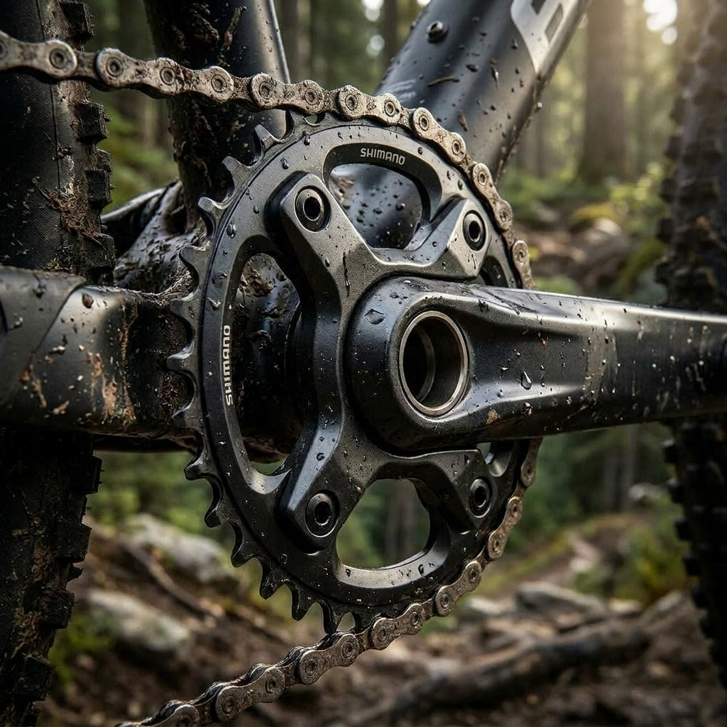 SHIMANO Kettenblatt FC-M3000 22 Zähne mit KSR am schlammigen Mountainbike im Wald.