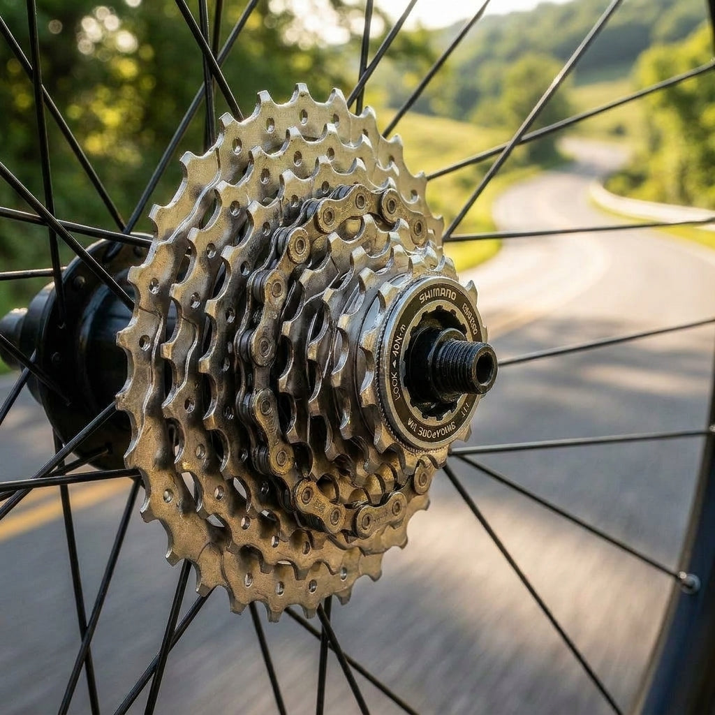 SHIMANO Kassette CLARIS CS-HG50 8-fach 11-32 Zähne am Fahrrad mit Kette, bereit für Rennrad & Fitnessbike auf Straße.