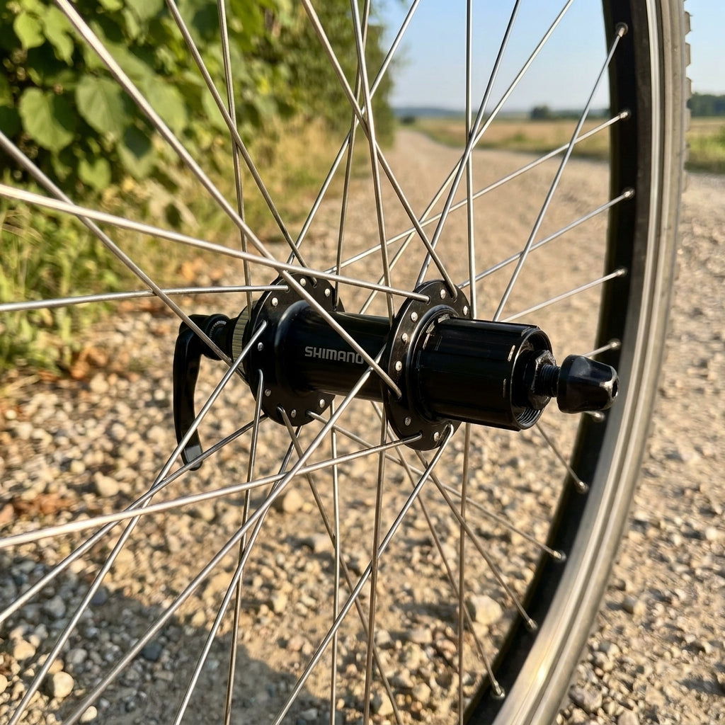 Schwarze SHIMANO FH-QC300-HM Hinterradnabe mit Speichen, auf Schotterweg, moderne Ausführung.
