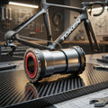 Token TF24 Thread Fit Innenlager für Shimano 24mm Kurbeln, BB86/90/92, auf Werkbank mit Fahrrad.
