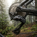 SHIMANO DEORE XT RD-M8000 11-fach Direktmontage Schaltwerk am Mountainbike im nassen Wald.